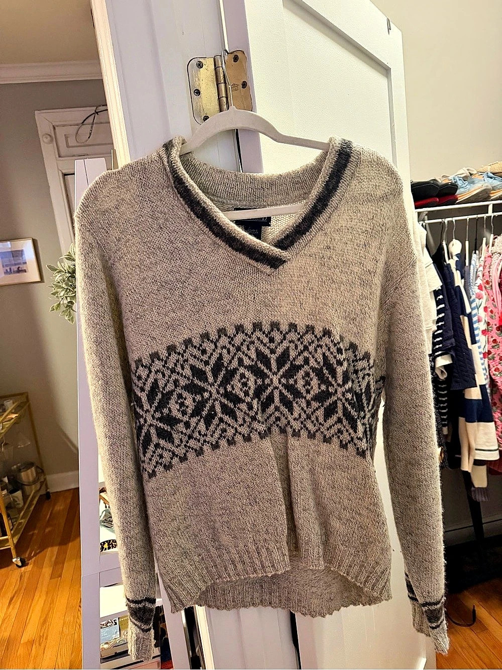 Vintage Lands End Knit Wool Sweater Gray & Black Size Medium